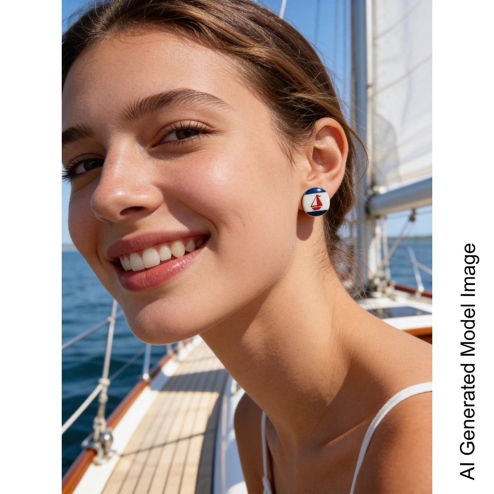 Nautical Sailboat Stud Earrings Navy Blue White Red Coastal Summer Jewelry